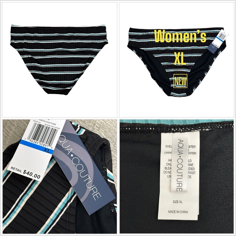 Aqua Couture XL 16 18 Swim Bikini Bottom Hipster Stripe Black Blue Swimwear NWT